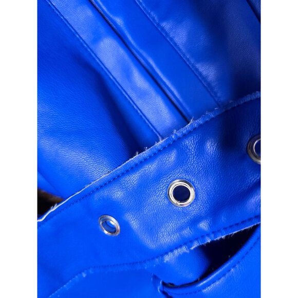Y2K Does 70s Bright Blue Faux Leather Penny Lane Coat Belted - Picture 5 of 16